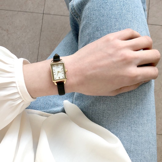 [TELENDA]gold oblong leather watch